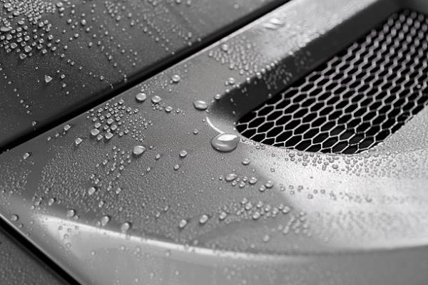 Closeup of droplets on grey car trunk